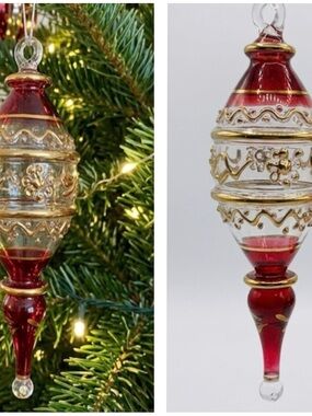 Egyptian Mouth Artisan Hand-Blown Red and Gold Glass Christmas Holiday Ornament